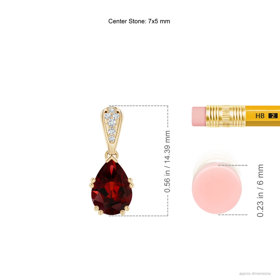 7x5mm AAA Vintage Style Pear Garnet Drop Pendant with Diamonds in Yellow Gold ruler