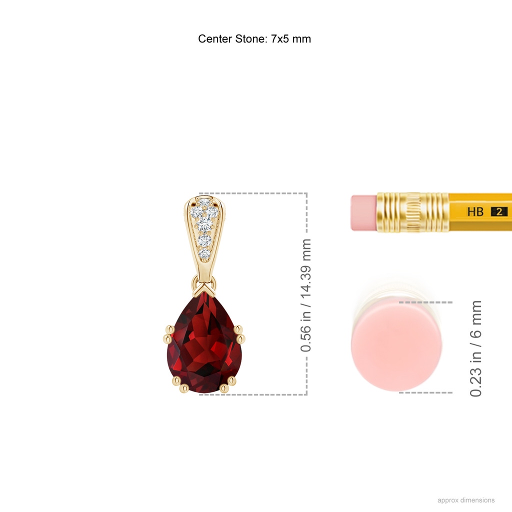 7x5mm AAAA Vintage Style Pear Garnet Drop Pendant with Diamonds in Yellow Gold Ruler
