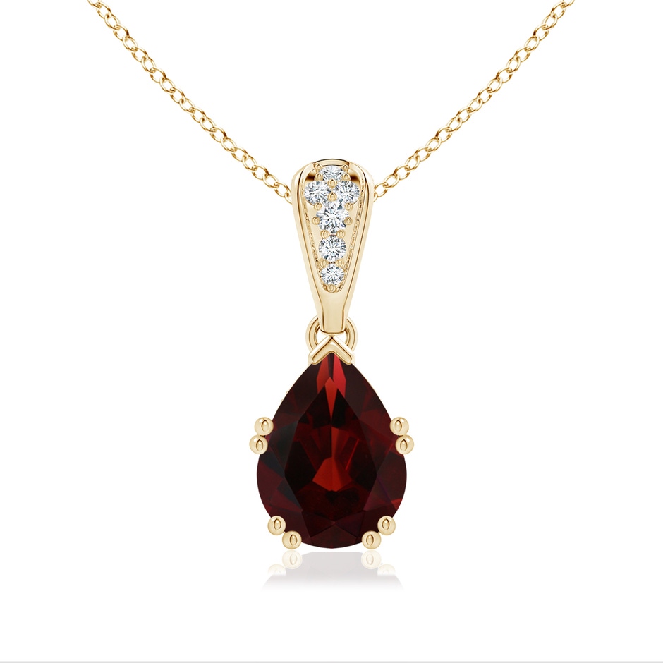 9x7mm AA Vintage Style Pear Garnet Drop Pendant with Diamonds in Yellow Gold 