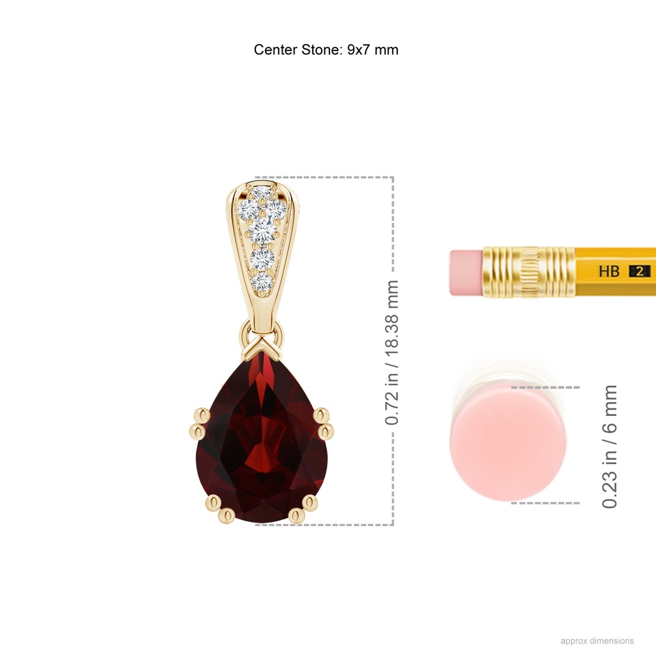 9x7mm AA Vintage Style Pear Garnet Drop Pendant with Diamonds in Yellow Gold ruler