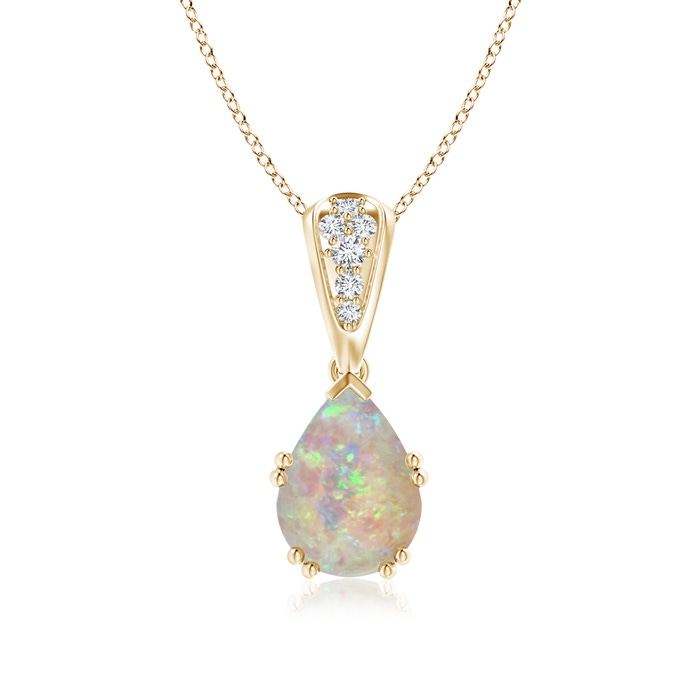 9x7mm AAAA Vintage Style Pear Opal Drop Pendant with Diamonds in Yellow Gold 