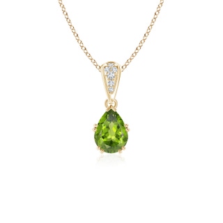 7x5mm AAA Vintage Style Pear Peridot Drop Pendant with Diamonds in Yellow Gold