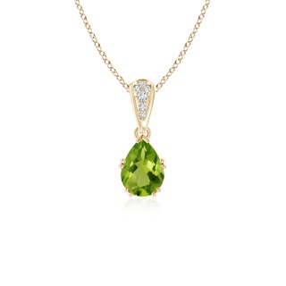 7x5mm AAAA Vintage Style Pear Peridot Drop Pendant with Diamonds in Yellow Gold
