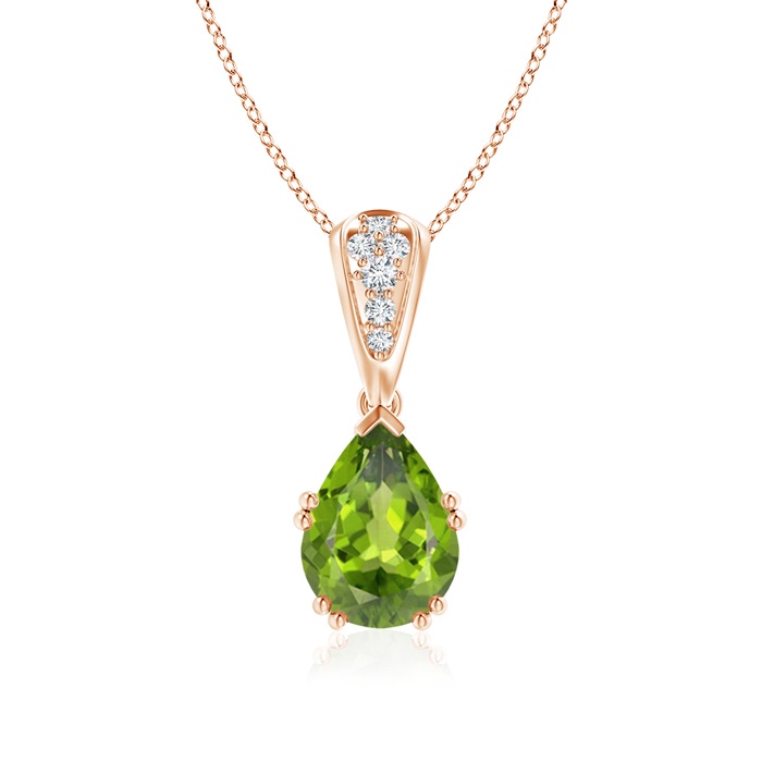 9x7mm AAA Vintage Style Pear Peridot Drop Pendant with Diamonds in Rose Gold