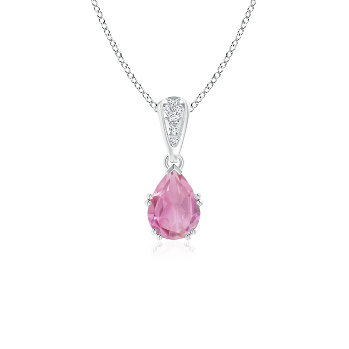 7x5mm A Vintage Style Pear Pink Tourmaline Drop Pendant with Diamonds in White Gold 