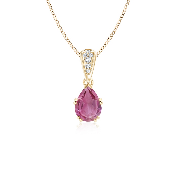 7x5mm AAA Vintage Style Pear Pink Tourmaline Drop Pendant with Diamonds in Yellow Gold 
