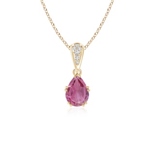 7x5mm AAA Vintage Style Pear Pink Tourmaline Drop Pendant with Diamonds in Yellow Gold