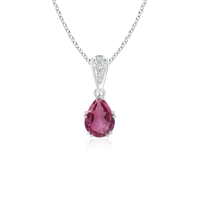7x5mm AAAA Vintage Style Pear Pink Tourmaline Drop Pendant with Diamonds in White Gold 