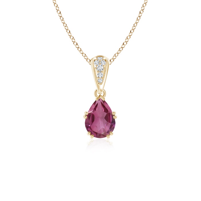 7x5mm AAAA Vintage Style Pear Pink Tourmaline Drop Pendant with Diamonds in Yellow Gold