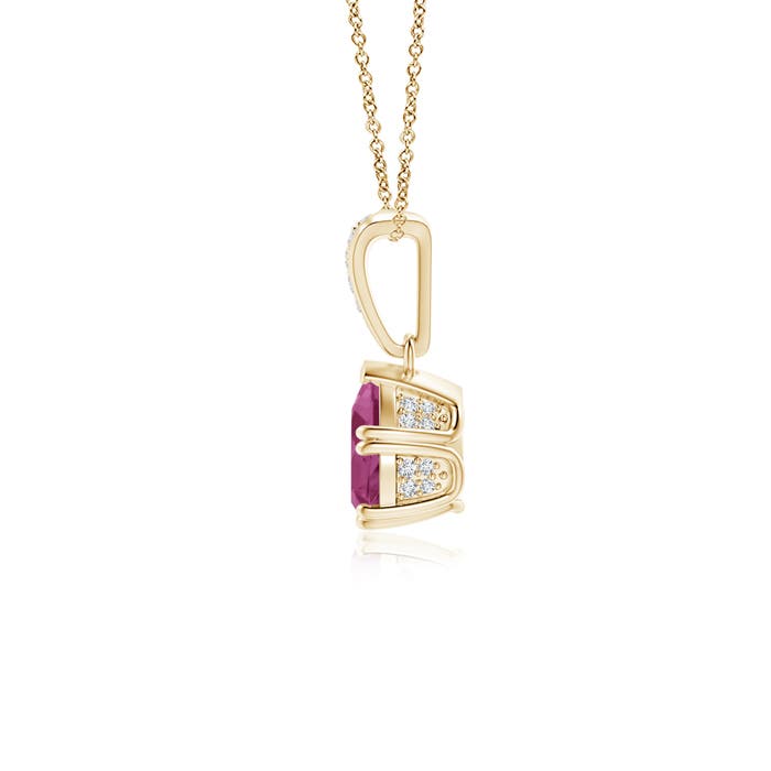 7x5mm AAAA Vintage Style Pear Pink Tourmaline Drop Pendant with Diamonds in Yellow Gold - side 1