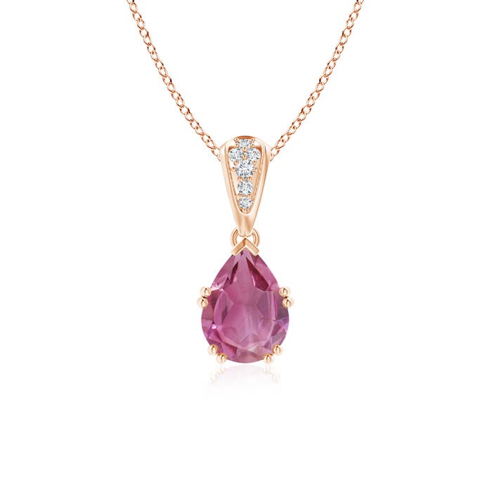 8x6mm AAA Vintage Style Pear Pink Tourmaline Drop Pendant with Diamonds in Rose Gold