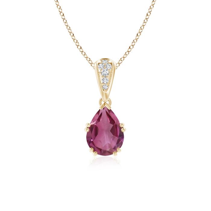 8x6mm AAAA Vintage Style Pear Pink Tourmaline Drop Pendant with Diamonds in Yellow Gold 