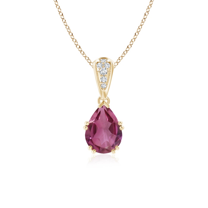 8x6mm AAAA Vintage Style Pear Pink Tourmaline Drop Pendant with Diamonds in Yellow Gold