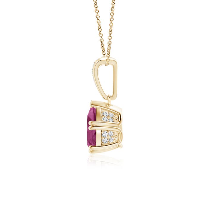 8x6mm AAAA Vintage Style Pear Pink Tourmaline Drop Pendant with Diamonds in Yellow Gold - side 1