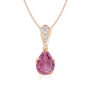 9x7mm AAA Vintage Style Pear Pink Tourmaline Drop Pendant with Diamonds in Rose Gold