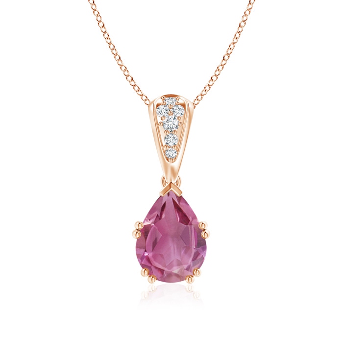 9x7mm AAA Vintage Style Pear Pink Tourmaline Drop Pendant with Diamonds in Rose Gold 