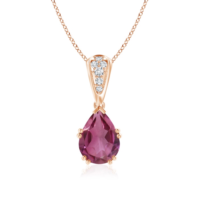 9x7mm AAAA Vintage Style Pear Pink Tourmaline Drop Pendant with Diamonds in Rose Gold 