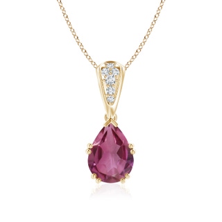 9x7mm AAAA Vintage Style Pear Pink Tourmaline Drop Pendant with Diamonds in Yellow Gold