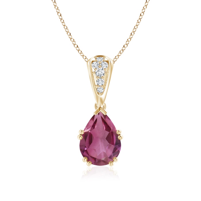9x7mm AAAA Vintage Style Pear Pink Tourmaline Drop Pendant with Diamonds in Yellow Gold 