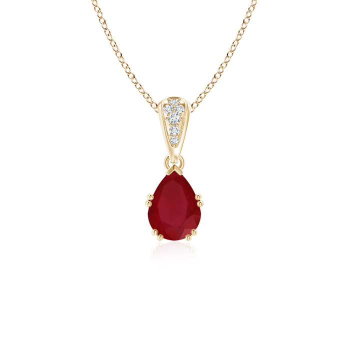 7x5mm AA Vintage Style Pear Ruby Drop Pendant with Diamonds in Yellow Gold 