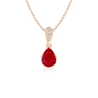 7x5mm AAA Vintage Style Pear Ruby Drop Pendant with Diamonds in 10K Rose Gold