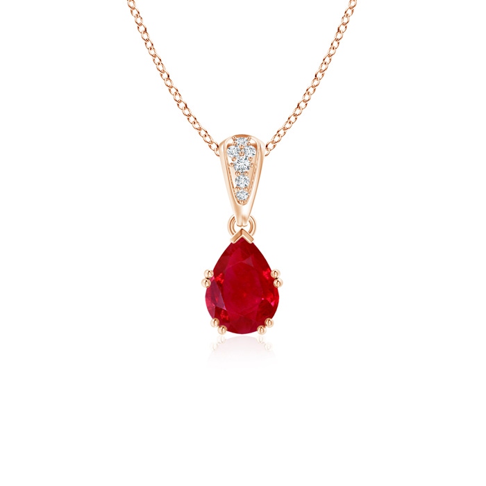 7x5mm AAA Vintage Style Pear Ruby Drop Pendant with Diamonds in Rose Gold 