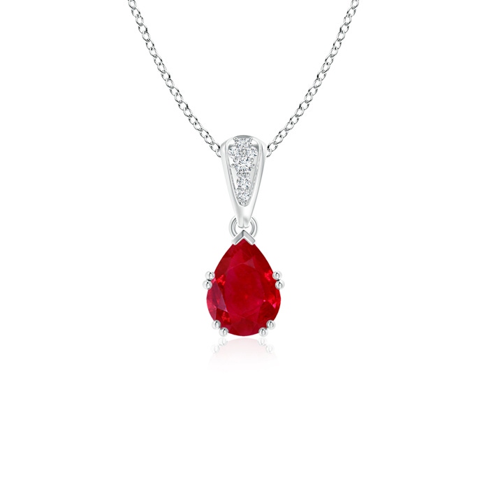 7x5mm AAA Vintage Style Pear Ruby Drop Pendant with Diamonds in White Gold