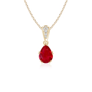 7x5mm AAA Vintage Style Pear Ruby Drop Pendant with Diamonds in Yellow Gold