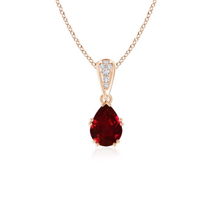 7x5mm AAAA Vintage Style Pear Ruby Drop Pendant with Diamonds in Rose Gold