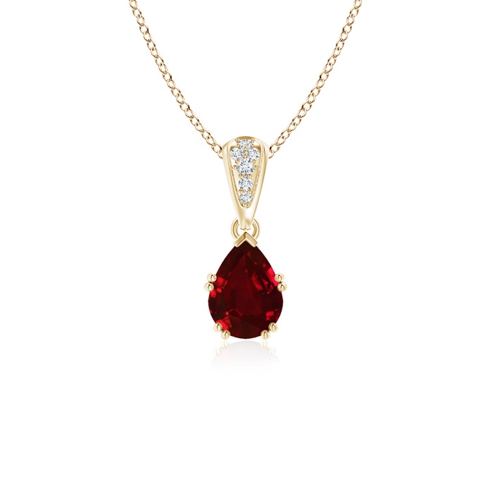 7x5mm AAAA Vintage Style Pear Ruby Drop Pendant with Diamonds in Yellow Gold