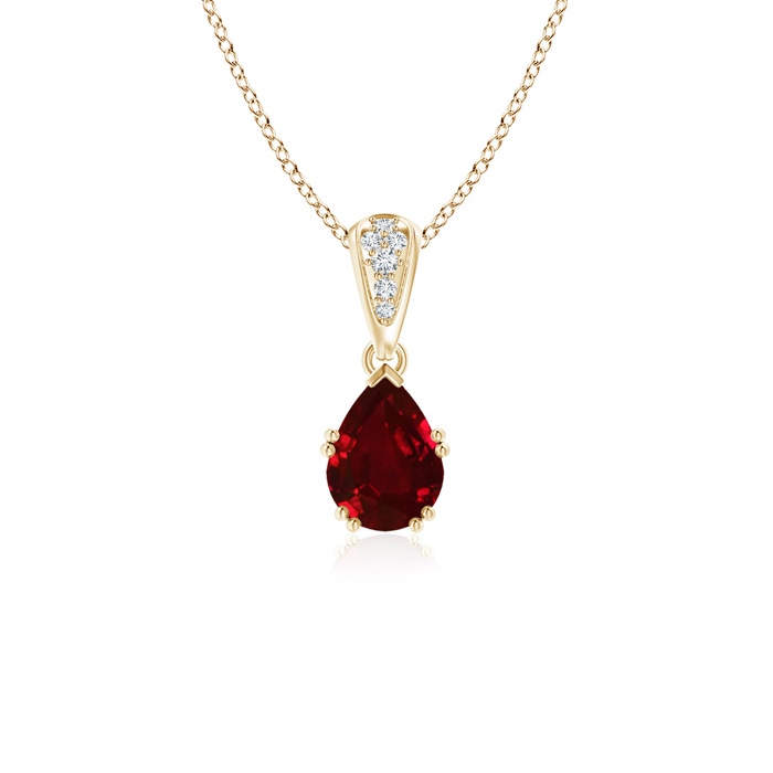 7x5mm AAAA Vintage Style Pear Ruby Drop Pendant with Diamonds in Yellow Gold 
