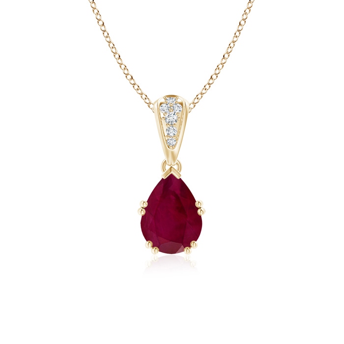 8x6mm A Vintage Style Pear Ruby Drop Pendant with Diamonds in Yellow Gold 
