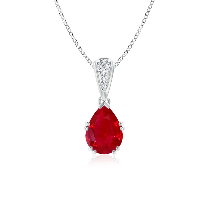 8x6mm AAA Vintage Style Pear Ruby Drop Pendant with Diamonds in White Gold 