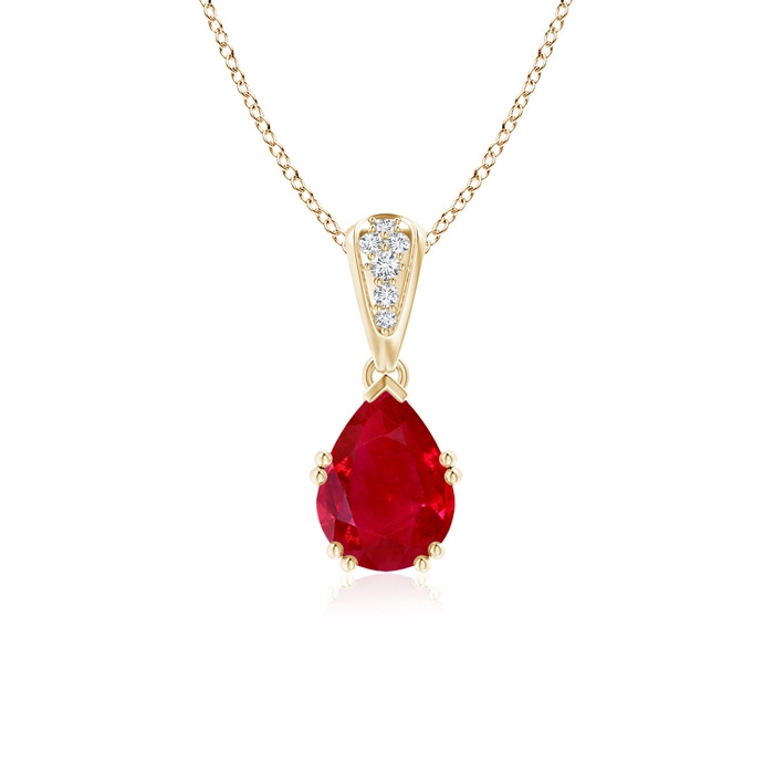 8x6mm AAA Vintage Style Pear Ruby Drop Pendant with Diamonds in Yellow Gold 