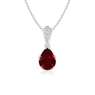 8x6mm Lab-Grown Vintage Style Pear Ruby Drop Pendant with Diamonds in White Gold