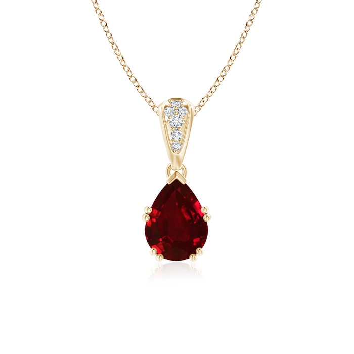 8x6mm AAAA Vintage Style Pear Ruby Drop Pendant with Diamonds in Yellow Gold 