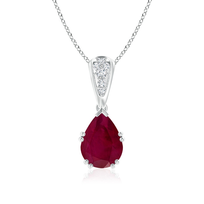 9x7mm A Vintage Style Pear Ruby Drop Pendant with Diamonds in White Gold 