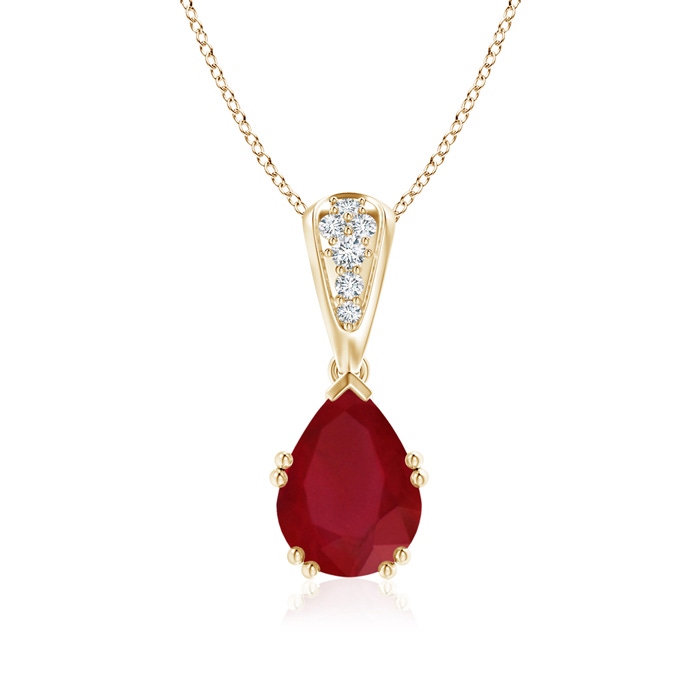9x7mm AA Vintage Style Pear Ruby Drop Pendant with Diamonds in Yellow Gold 