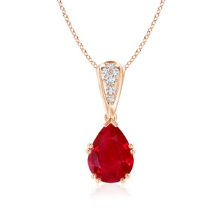 9x7mm AAA Vintage Style Pear Ruby Drop Pendant with Diamonds in 10K Rose Gold