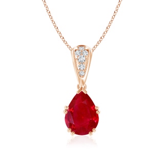 9x7mm AAA Vintage Style Pear Ruby Drop Pendant with Diamonds in 9K Rose Gold