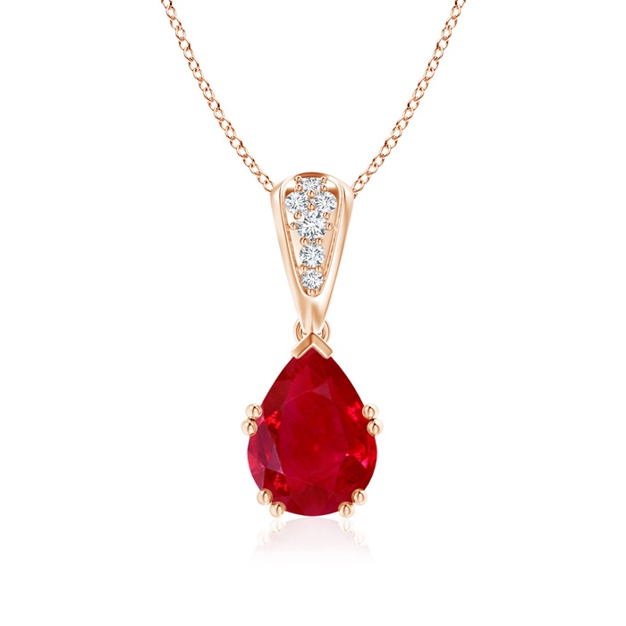 9x7mm AAA Vintage Style Pear Ruby Drop Pendant with Diamonds in Rose Gold 