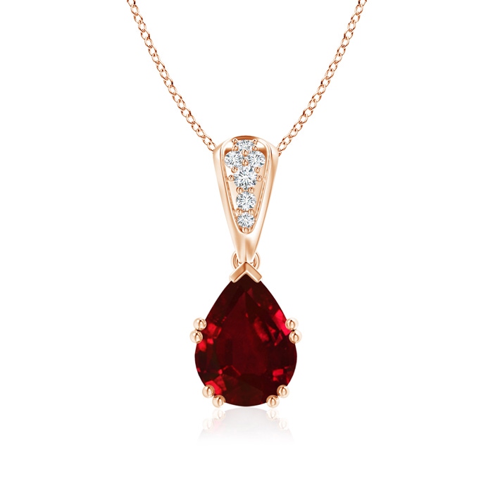 9x7mm AAAA Vintage Style Pear Ruby Drop Pendant with Diamonds in Rose Gold 