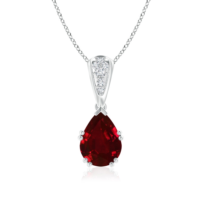9x7mm Lab-Grown Vintage Style Pear Ruby Drop Pendant with Diamonds in White Gold 