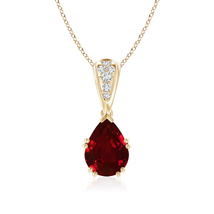 9x7mm Lab-Grown Vintage Style Pear Ruby Drop Pendant with Diamonds in Yellow Gold 