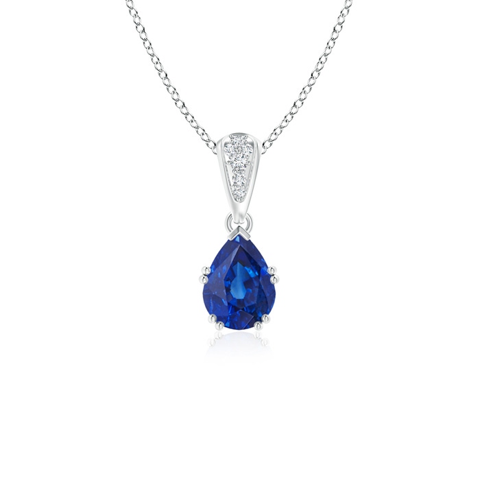 7x5mm AAA Vintage Style Pear Sapphire Drop Pendant with Diamonds in White Gold