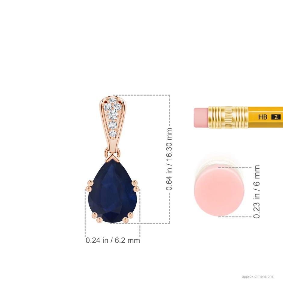 8x6mm A Vintage Style Pear Sapphire Drop Pendant with Diamonds in Rose Gold ruler