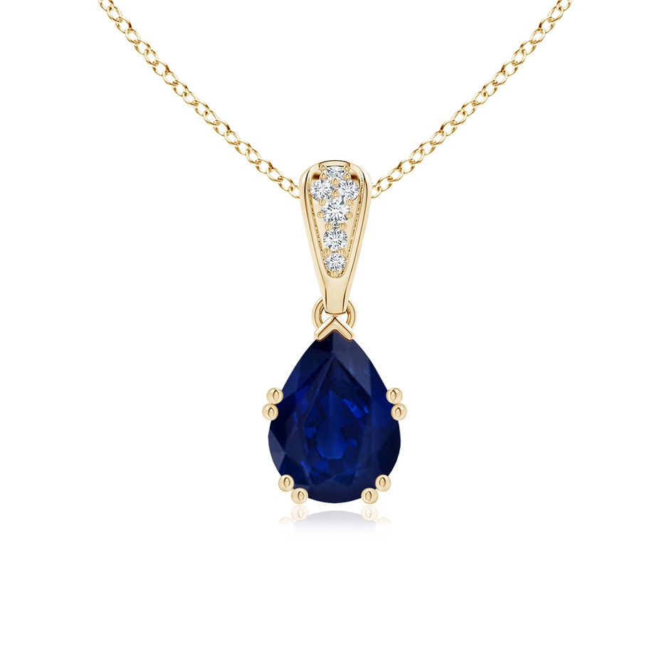 8x6mm AA Vintage Style Pear Sapphire Drop Pendant with Diamonds in Yellow Gold 