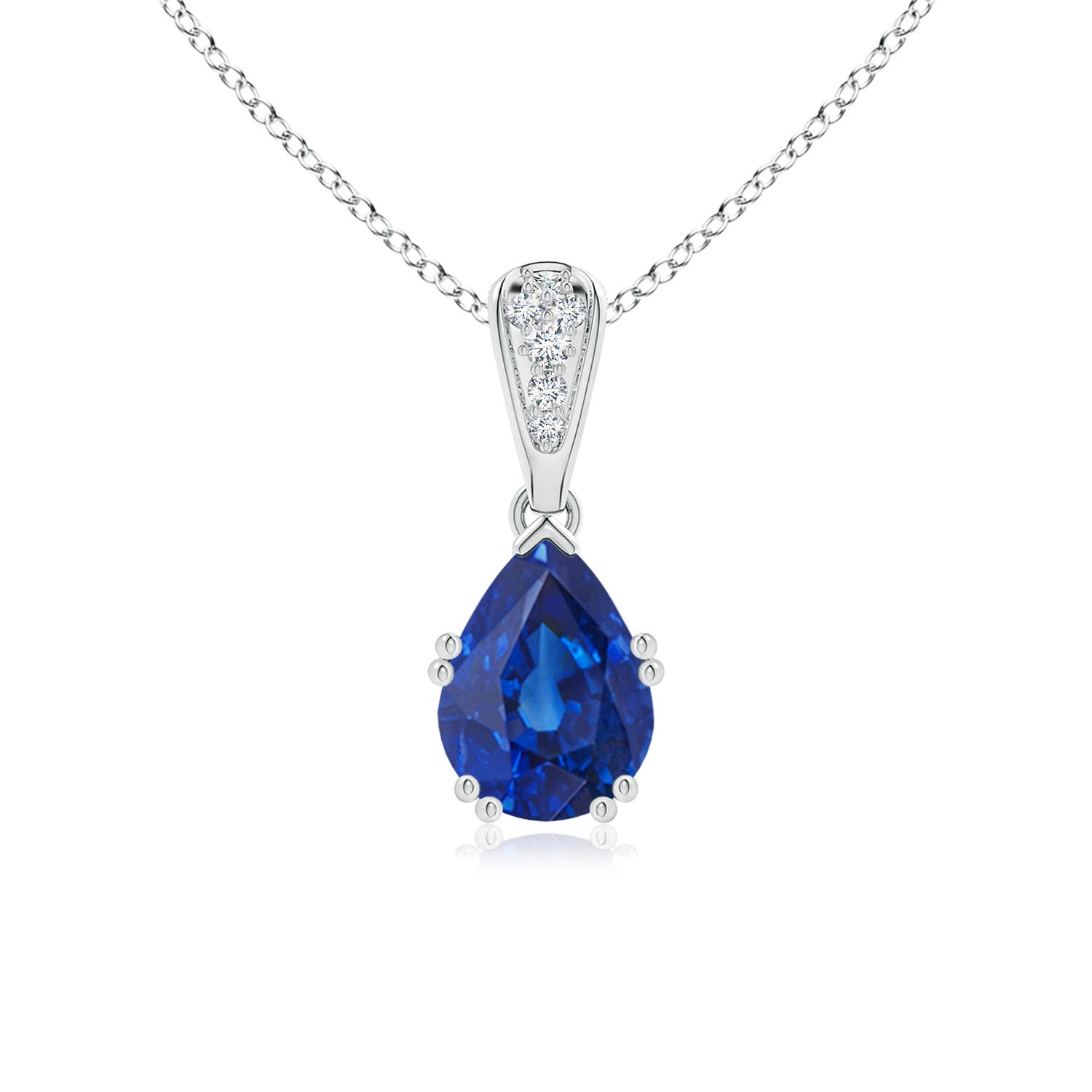 8x6mm AAA Vintage Style Pear Sapphire Drop Pendant with Diamonds in 18CT White Gold
