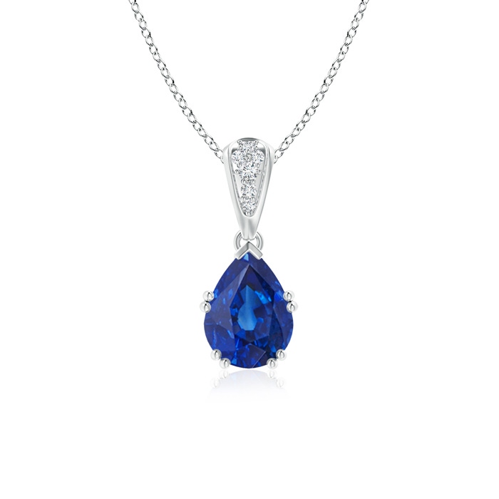 8x6mm AAA Vintage Style Pear Sapphire Drop Pendant with Diamonds in White Gold 