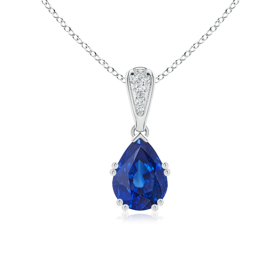 8x6mm AAA Vintage Style Pear Sapphire Drop Pendant with Diamonds in White Gold